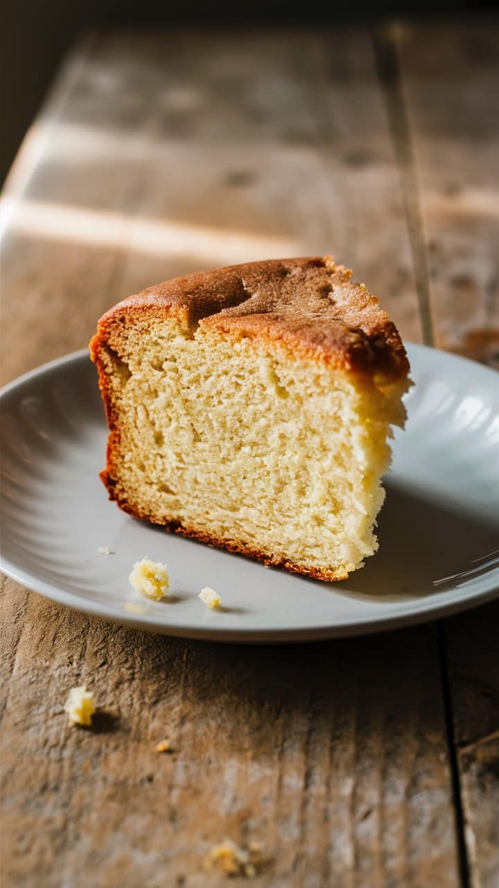 Tranche de gâteau sur assiette blanche, table bois.
