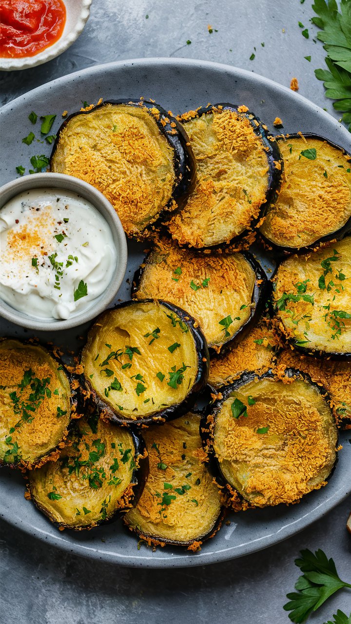 Tranches d'aubergine croustillantes avec sauce crémeuse.