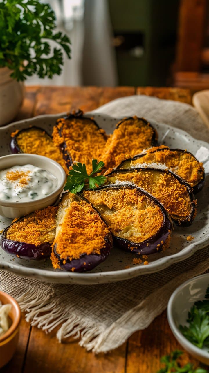 Tranches d'aubergine gratinées avec sauce herbes.
