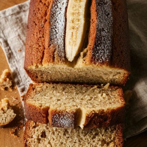 Gâteau à la banane tranché sur une planche.