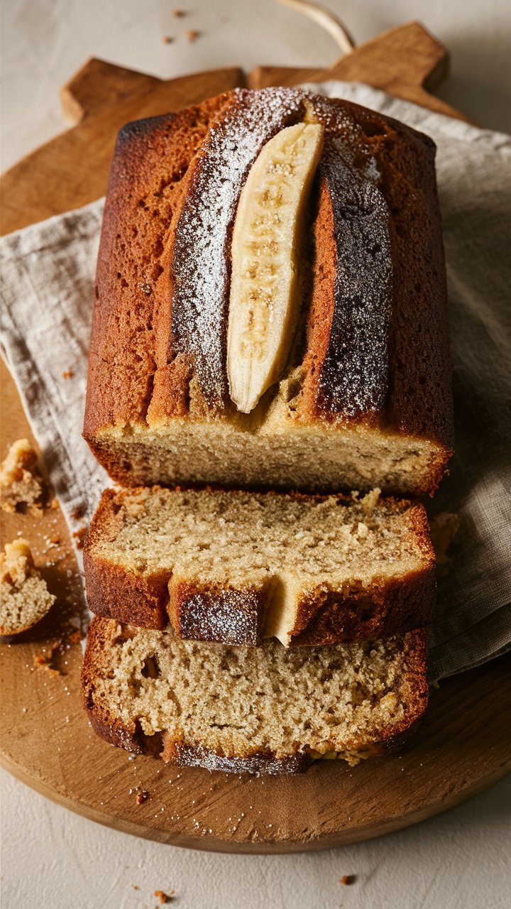 Gâteau à la banane tranché sur une planche.