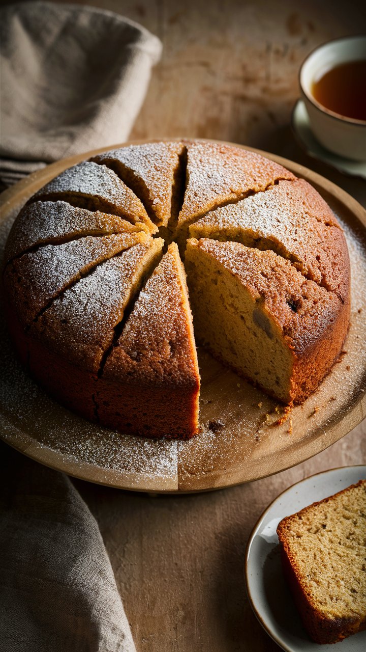 Gâteau rond tranché, poudré de sucre glace.