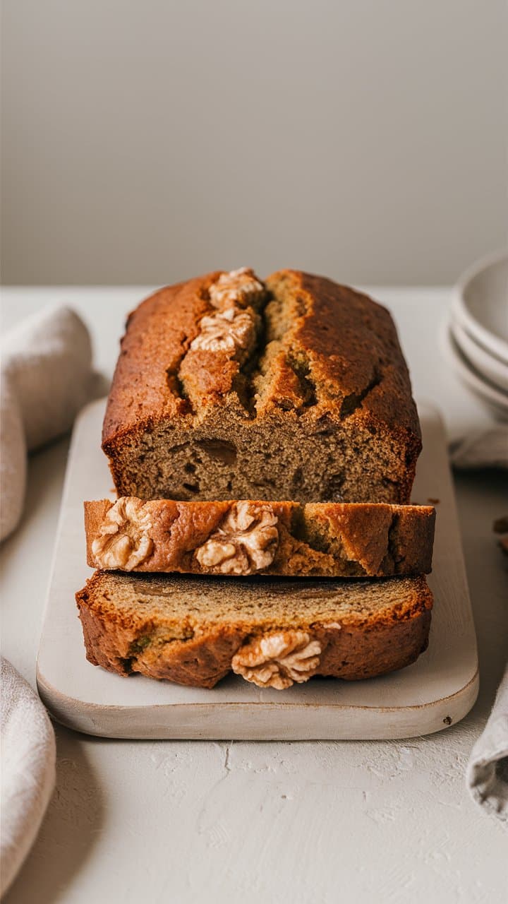 Pain aux noix tranché sur une planche blanche.