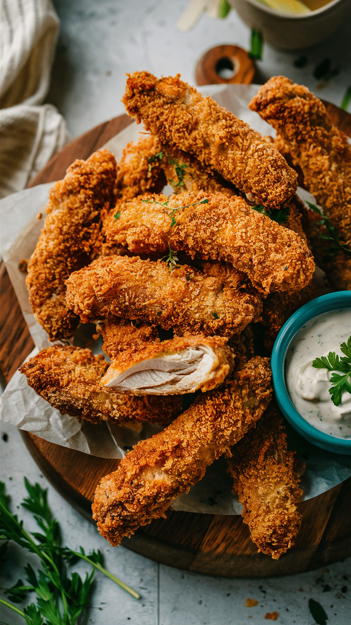 Poulet frit avec sauce dans bol bleu.