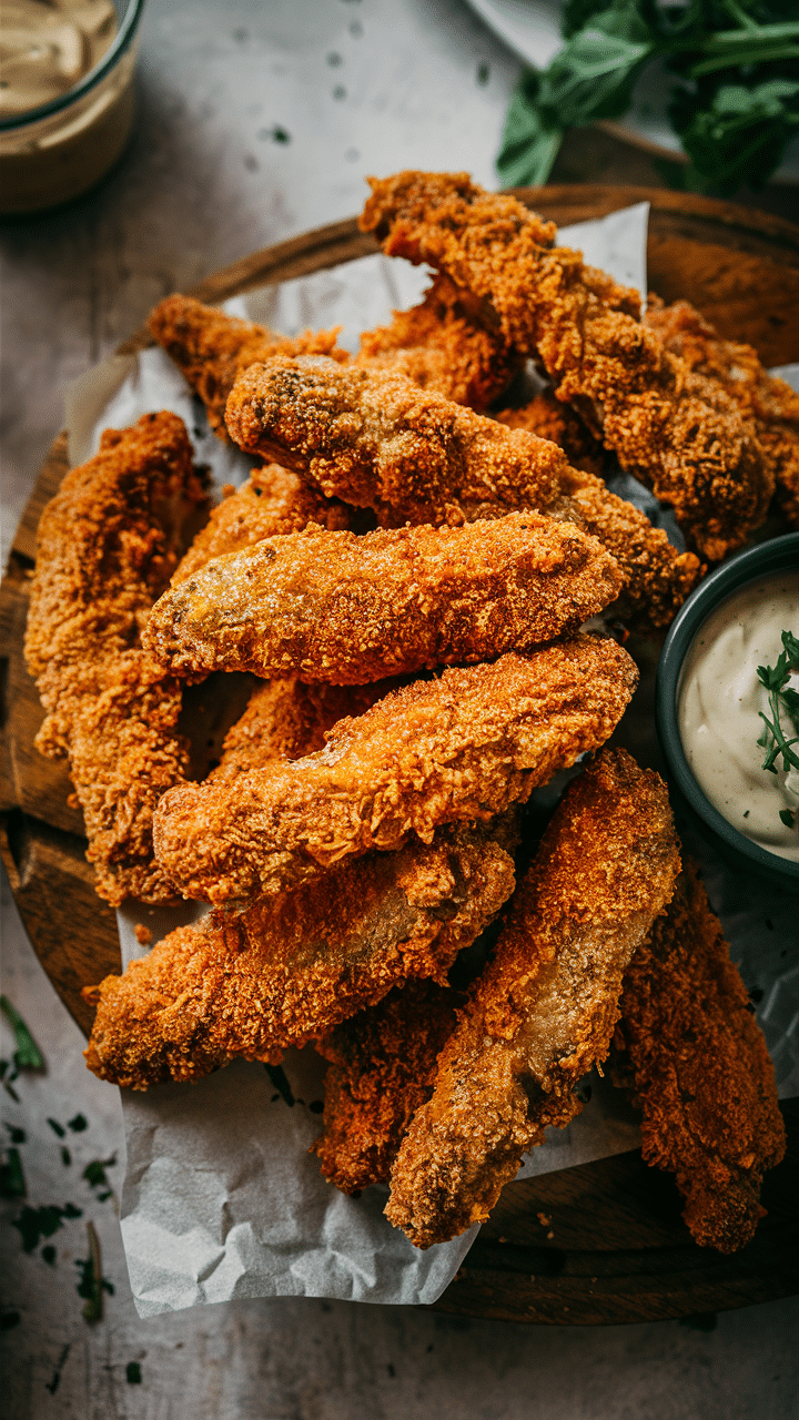 Tendres de poulet frits avec sauce tartare.