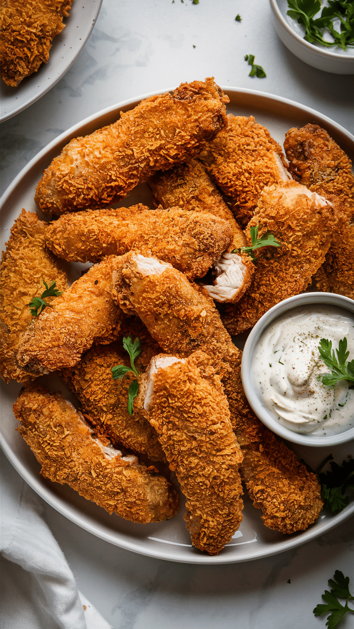Poulet pané avec sauce blanche et persil.