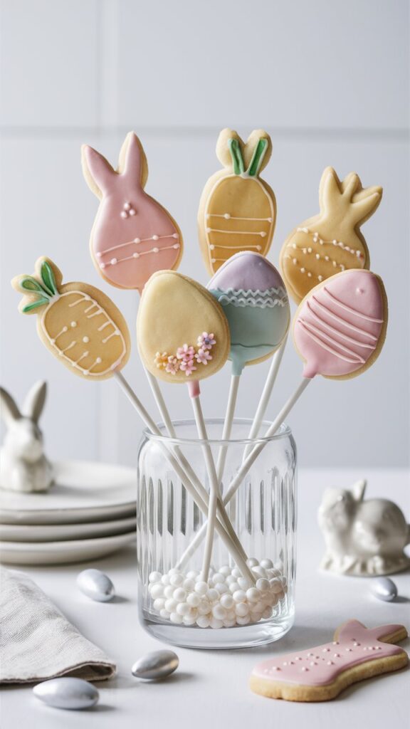 Sucettes biscuits décorées, thème Pâques, dans un verre.