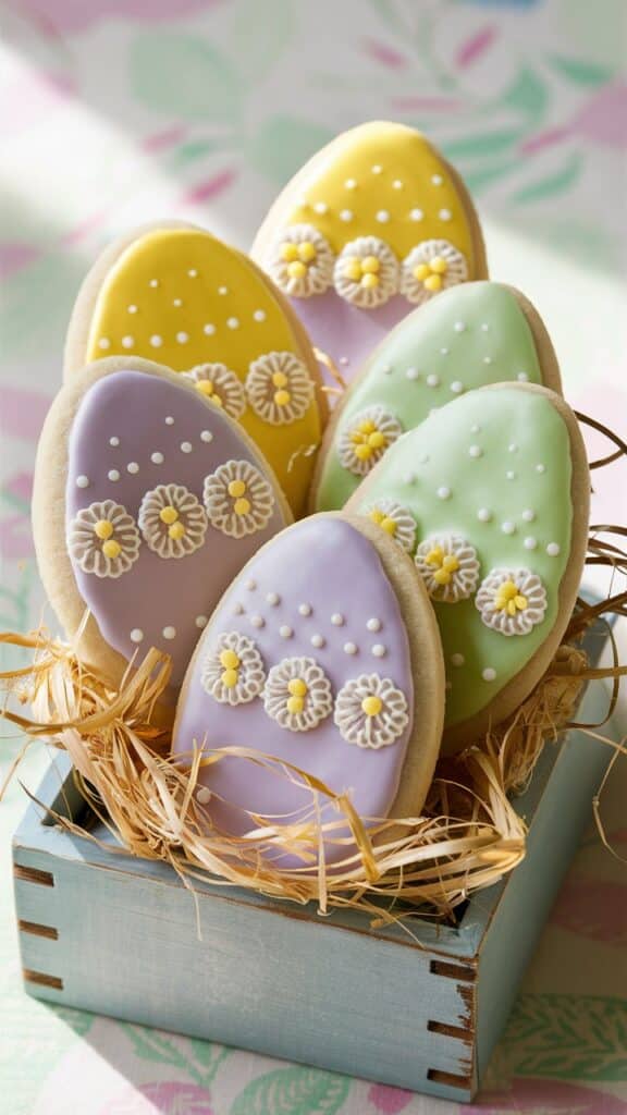 Biscuits décorés forme œuf dans une boîte.