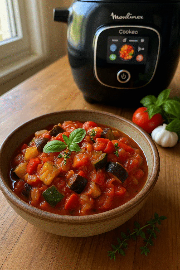 Ratatouille servie près d'un multicuiseur.