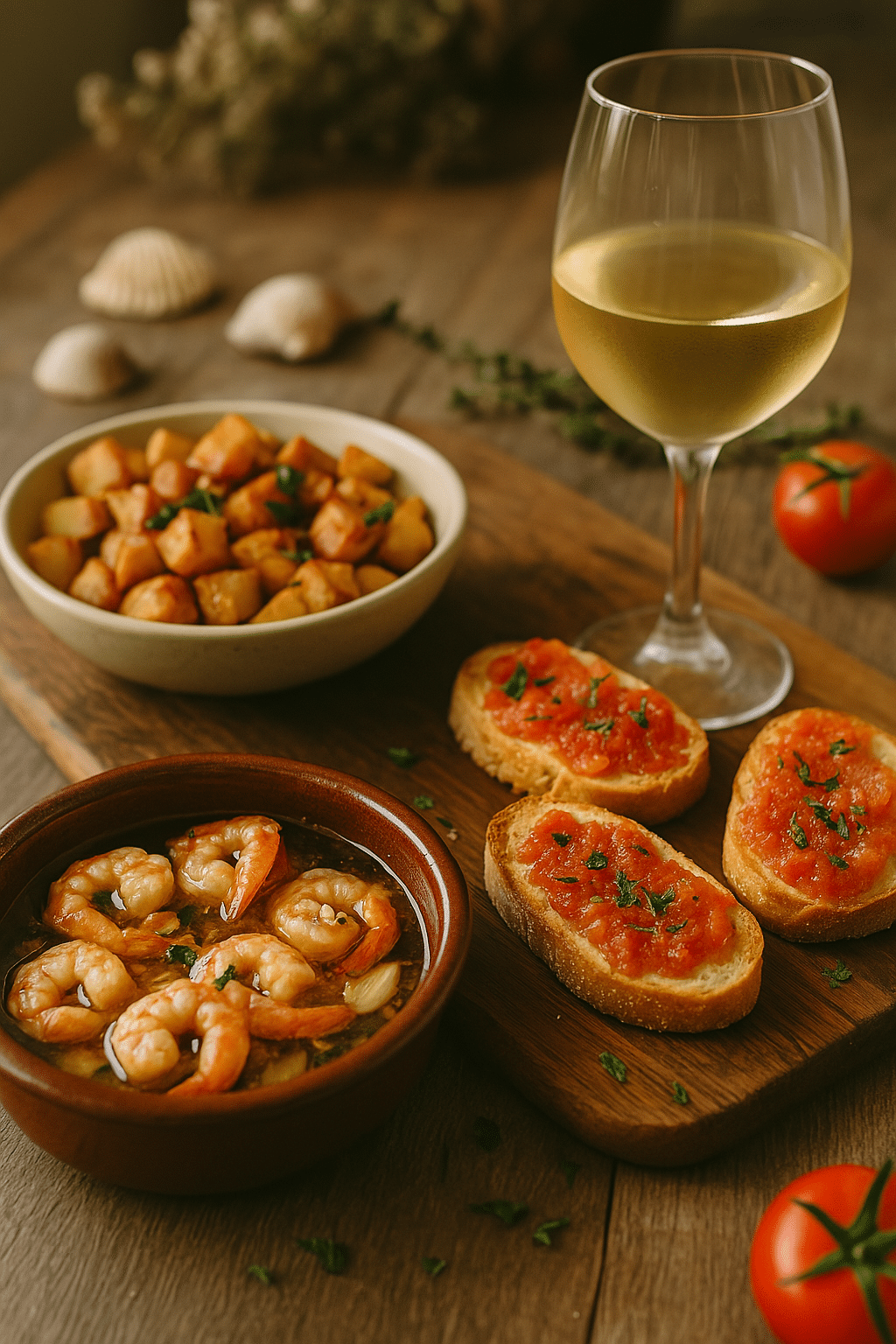 Tapas avec crevettes, pommes de terre, bruschetta, vin blanc.
