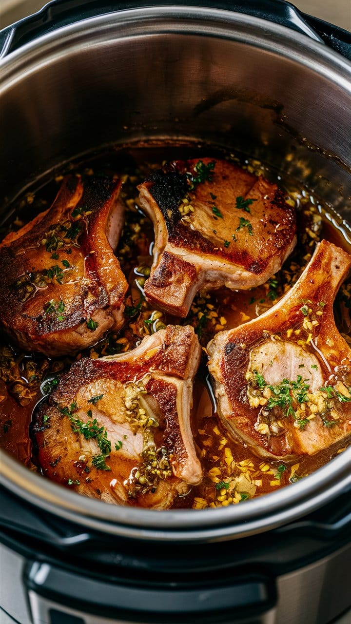 Côtelettes de porc dans une cocotte avec sauce.