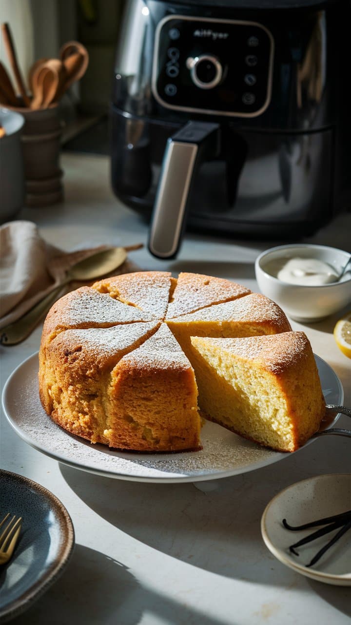 Gâteau coupé en parts devant une friteuse.
