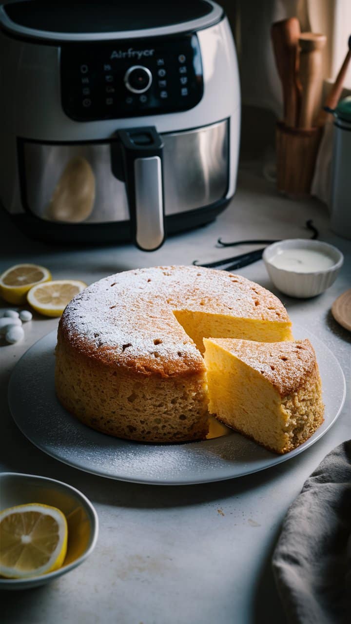 Gâteau moelleux citron devant un airfryer moderne.