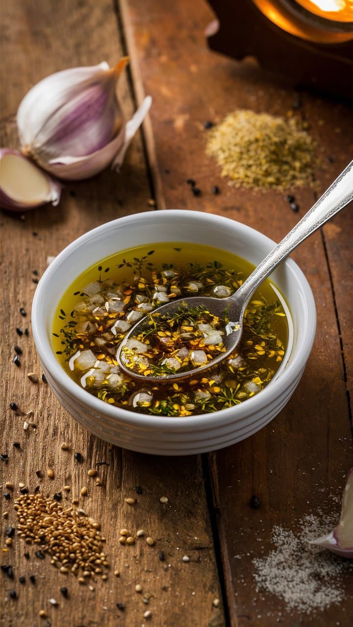 Bol de sauce aux herbes et épices.