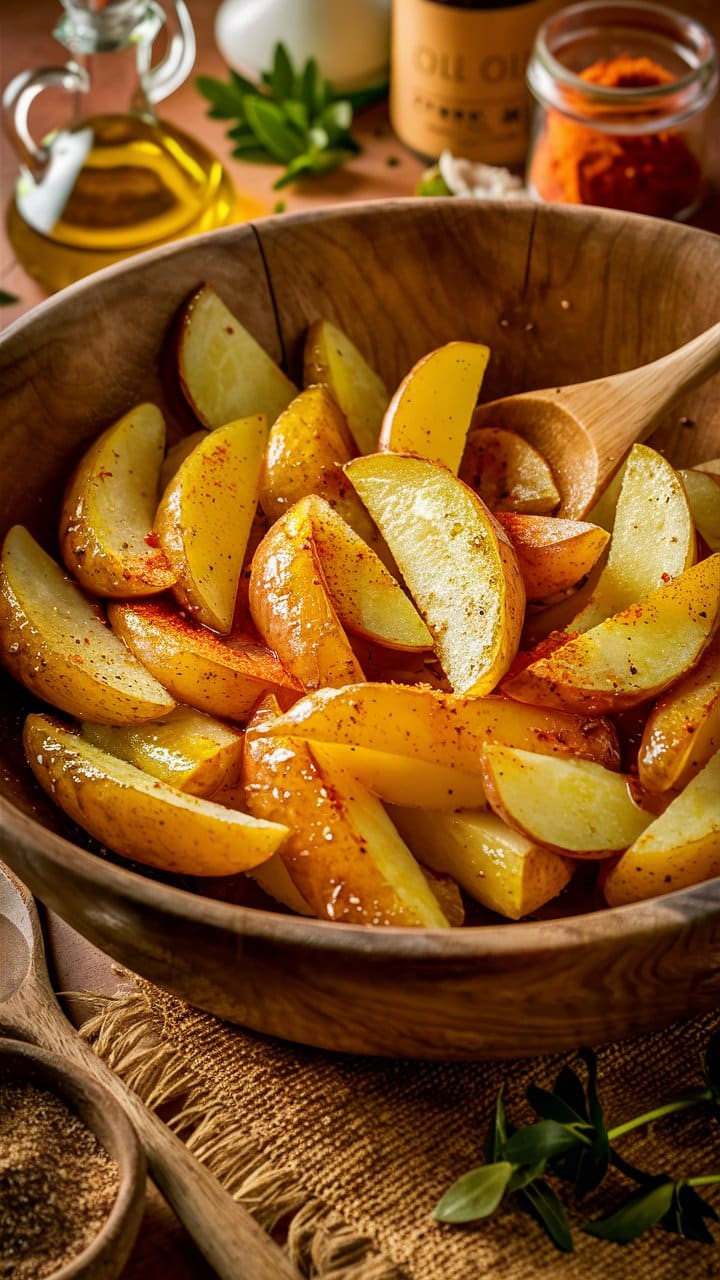 Quartiers de pommes de terre assaisonnés dans un bol.