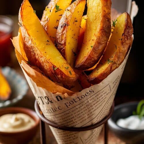 Quartiers de pommes de terre frits au four.