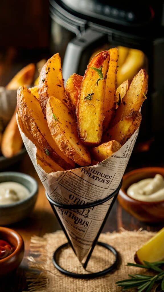 Cornet de frites dorées sur table en bois.