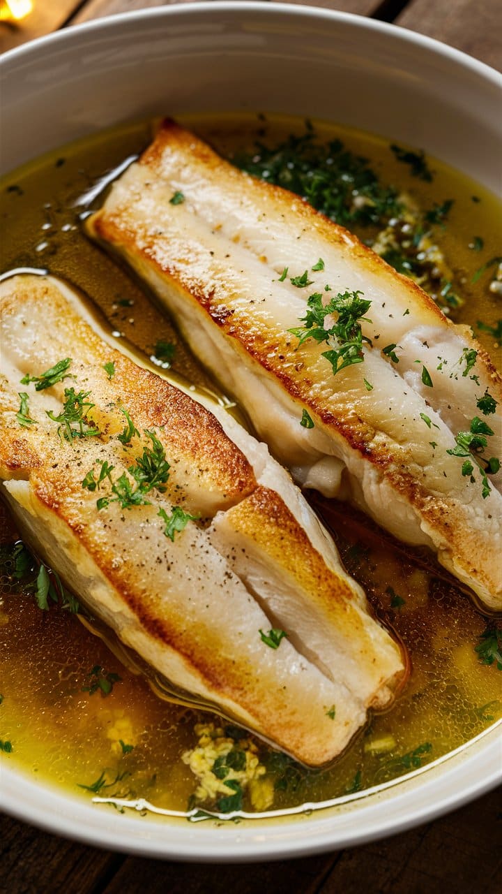 Filets de poisson dorés avec herbes fraîches
