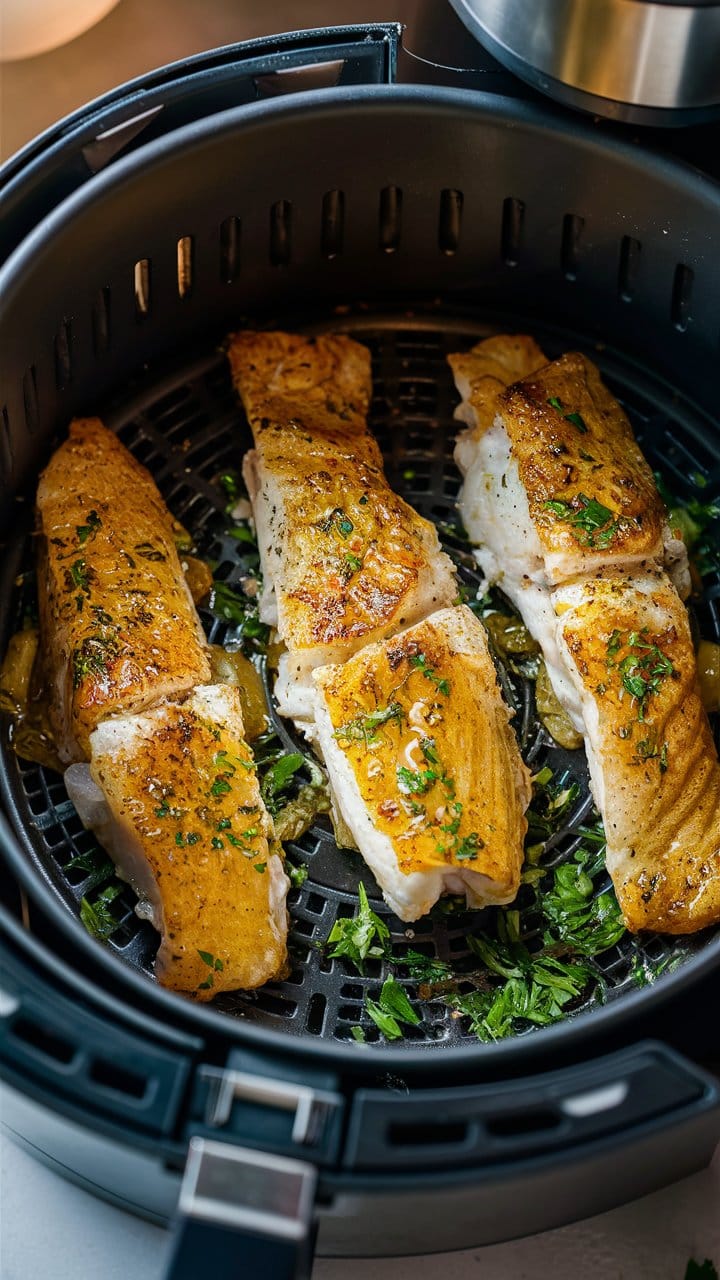 Filets de poisson dorés à la friteuse à air.