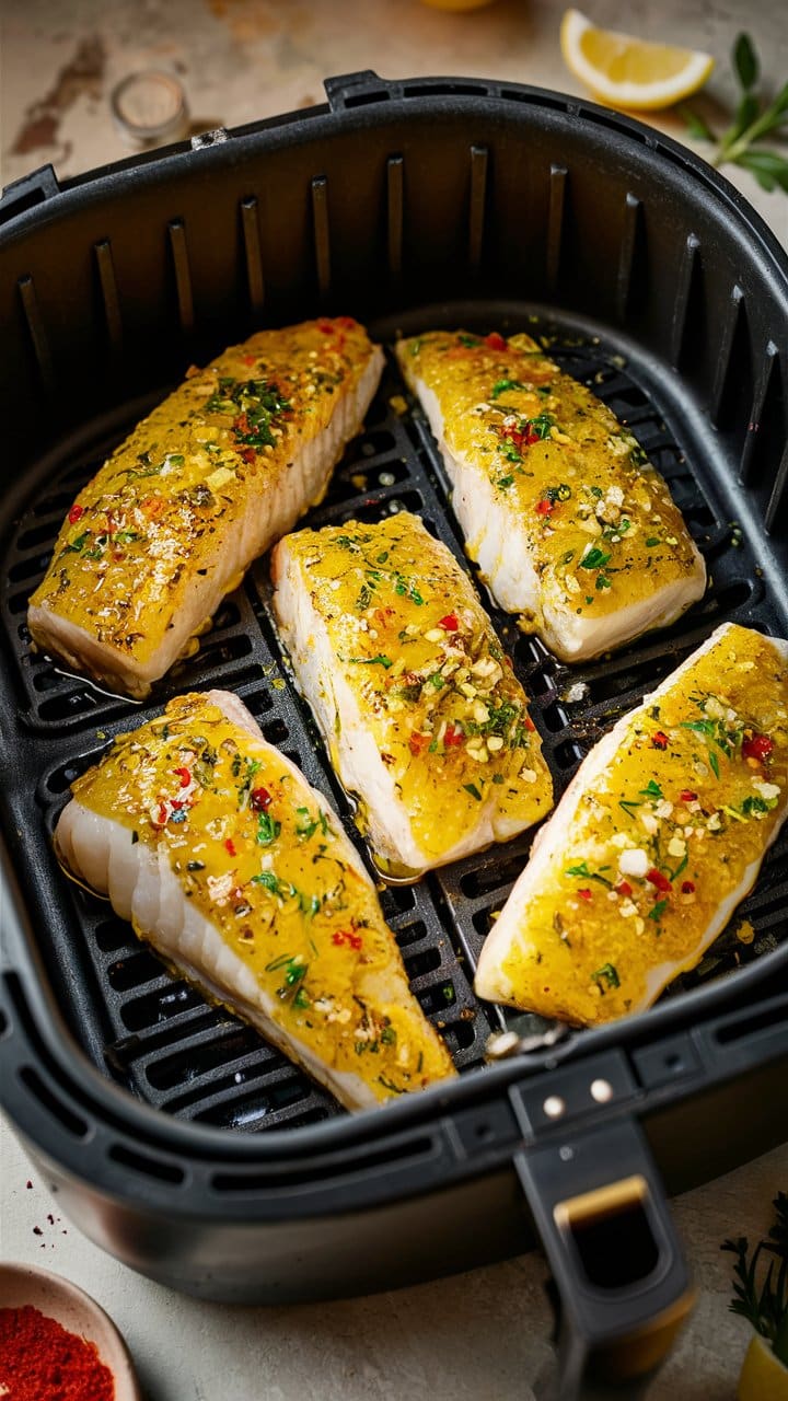Filets de poisson assaisonnés dans une friteuse.