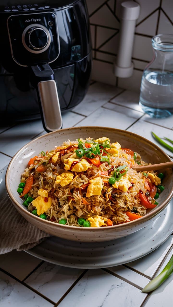 Riz frit aux légumes, près d'une friteuse.