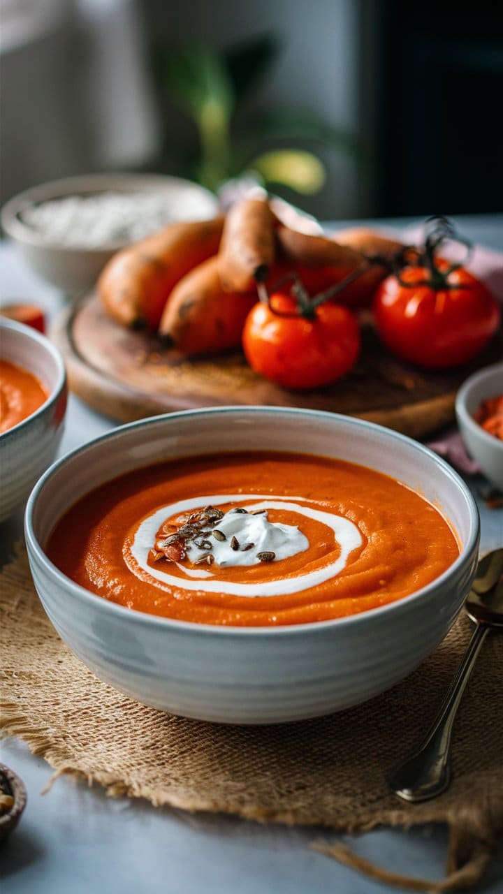 Soupe tomate patate douce avec crème et graines.