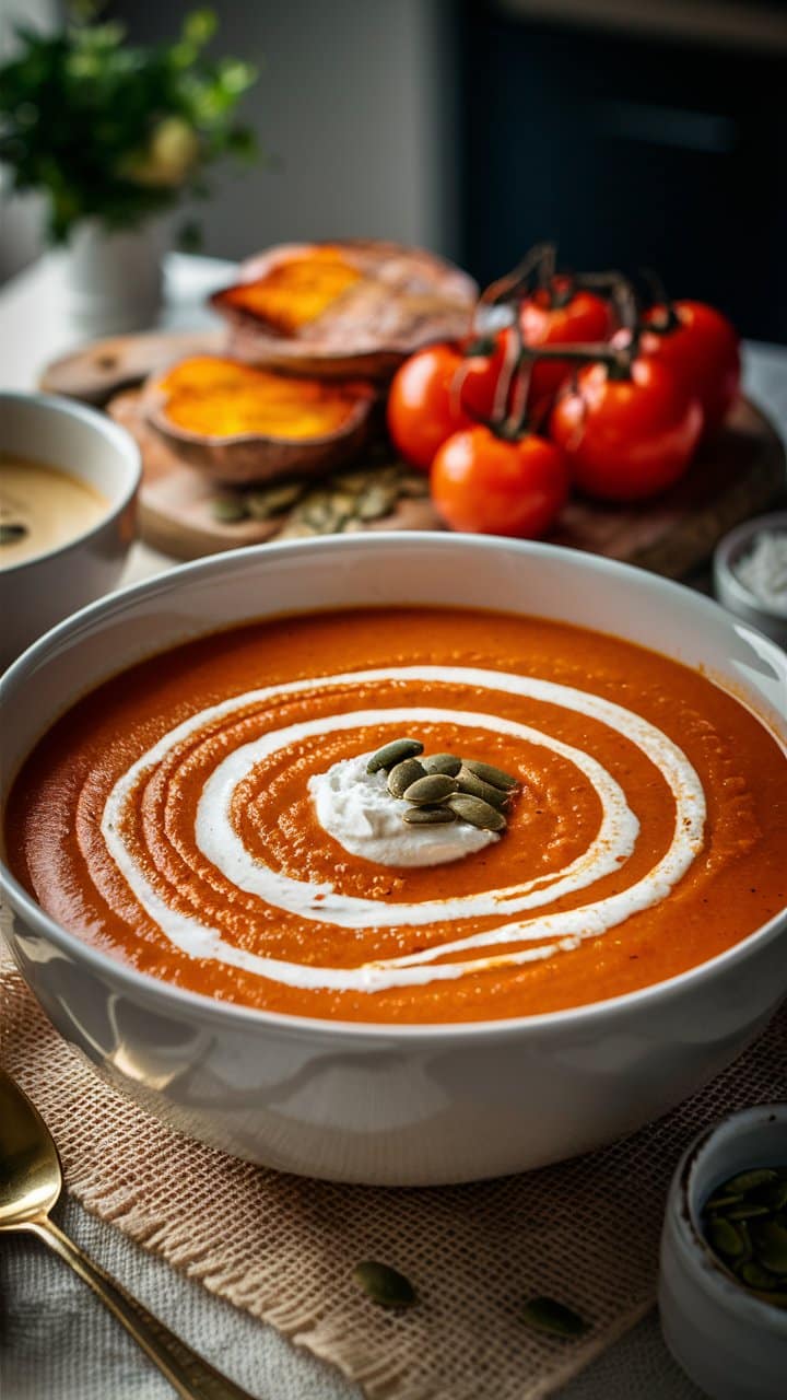 Soupe de courge avec crème et graines de courge.