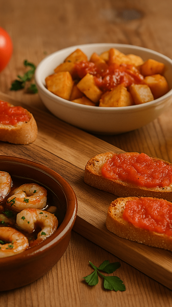 Tapas espagnols : crevettes, patatas bravas, pain tomate.