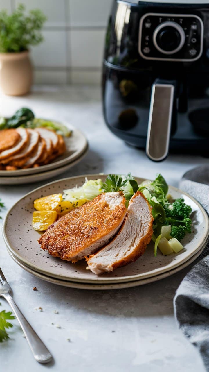 Poulet rôti avec légumes et friteuse.