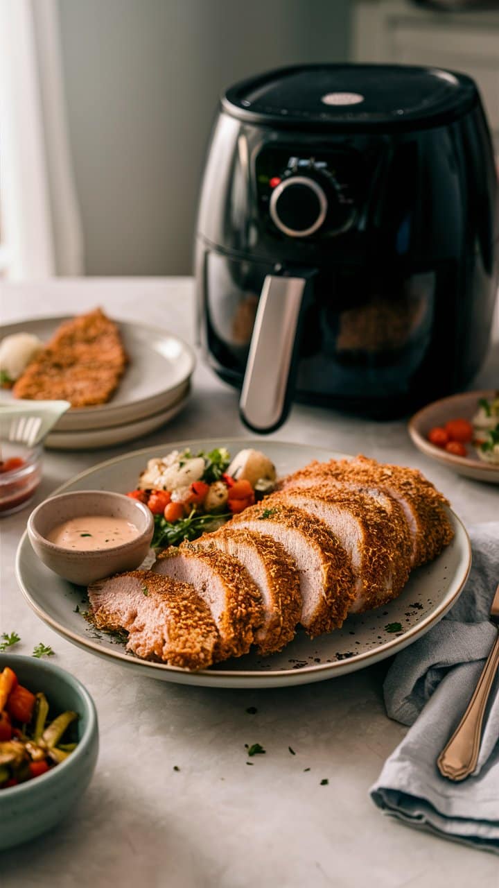 Poulet croustillant à côté d'une friteuse.