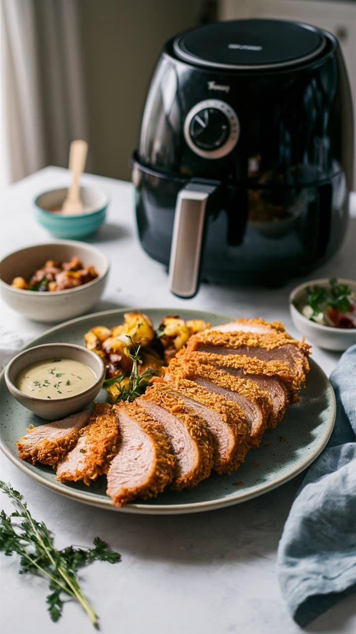 Plat de viande panée avec pommes de terre et sauce.