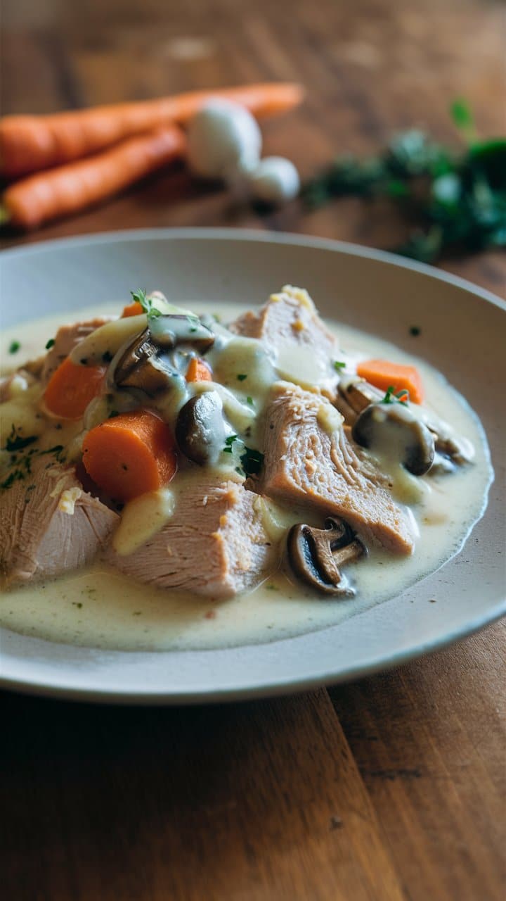 Blanquette de veau avec champignons et carottes.