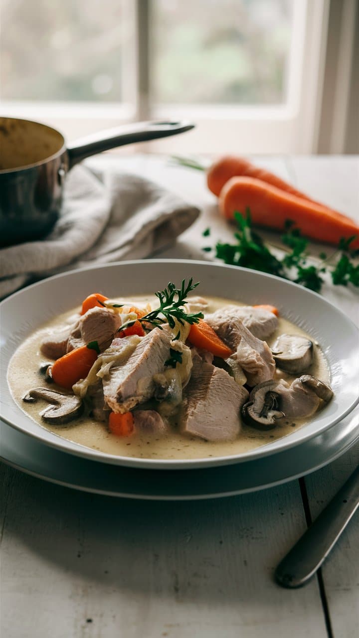Blanquette de poulet avec légumes au centre d'une table.