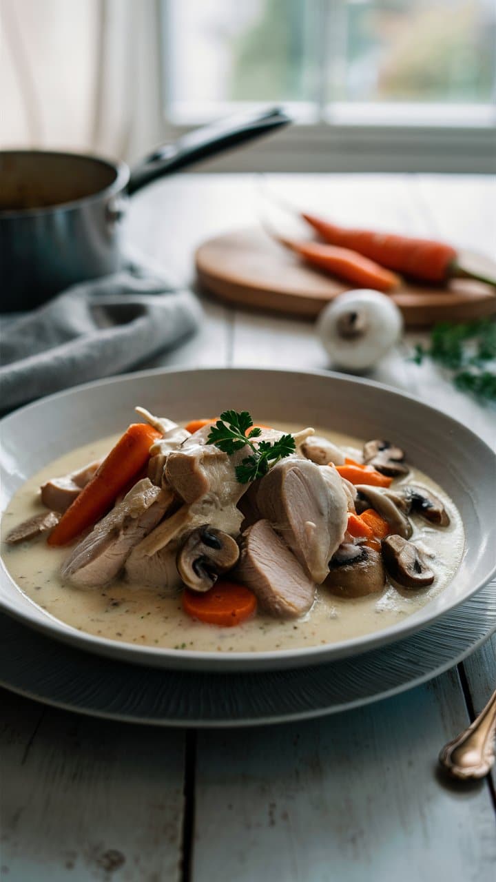 Blanquette de veau aux carottes et champignons.