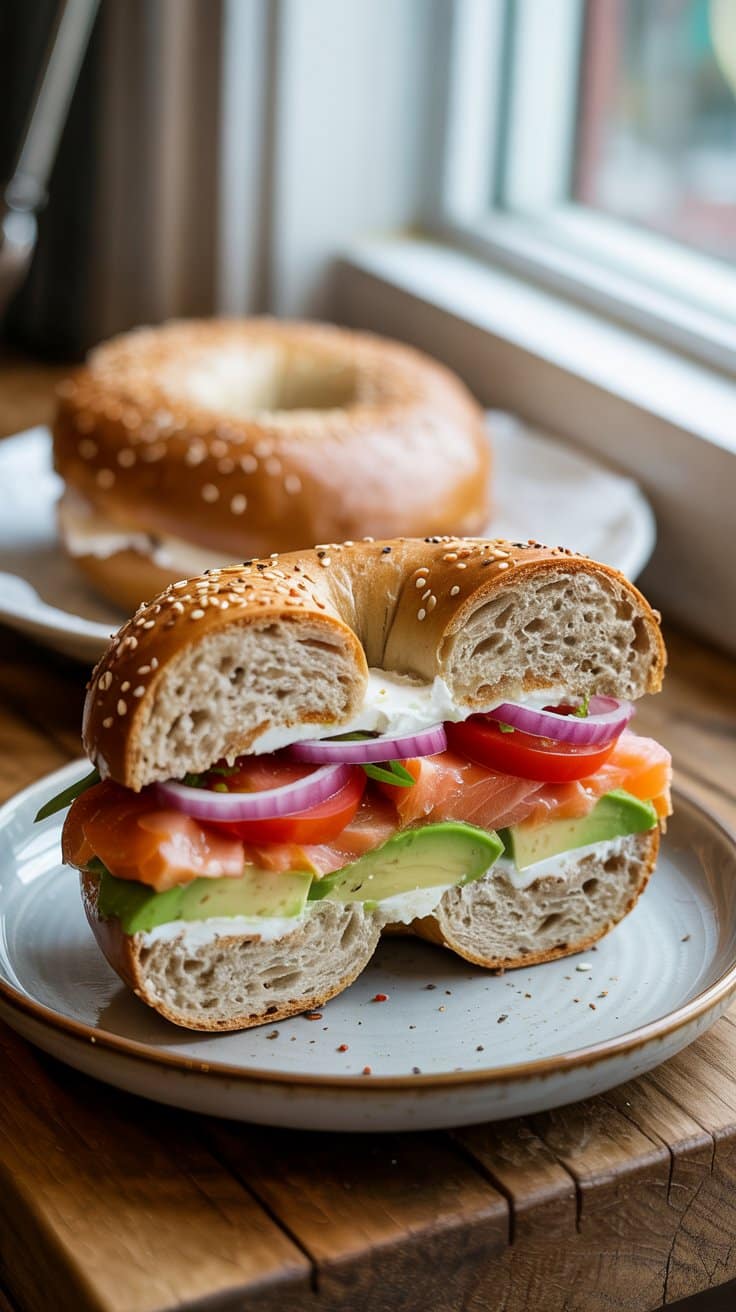 Bagel au saumon, avocat et oignons rouges.