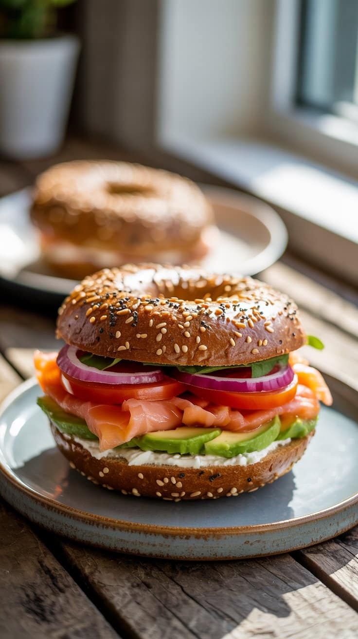 Bagel au saumon, avocat et oignon rouge.