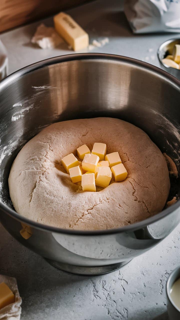 Pâte à pain avec dés de beurre dans un bol.