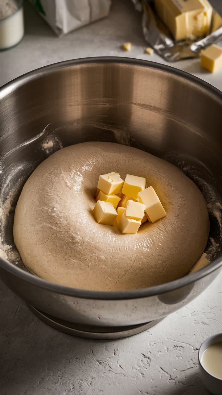 Pâte avec cubes de beurre dans un bol métallique.