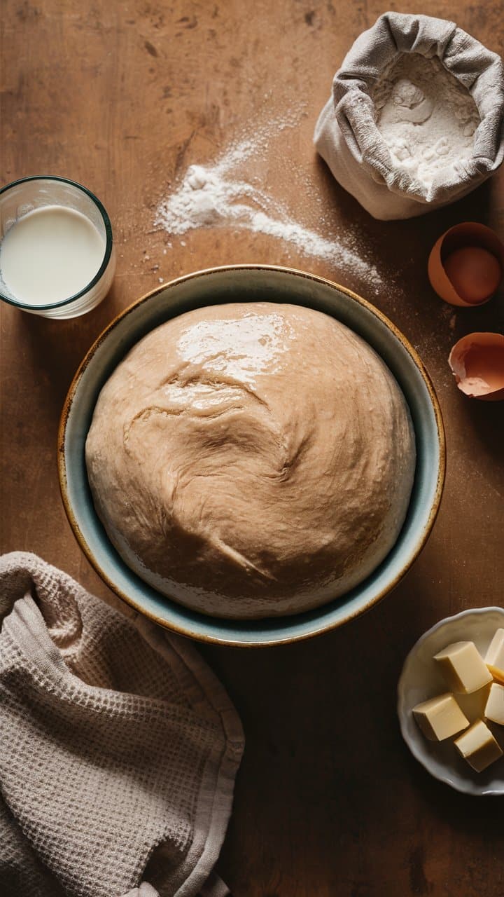 Pâte à pain levée avec ingrédients autour.