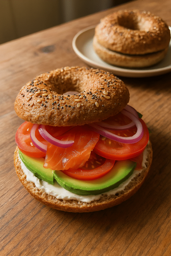 Bagel garni de saumon, avocat, tomate, oignon.