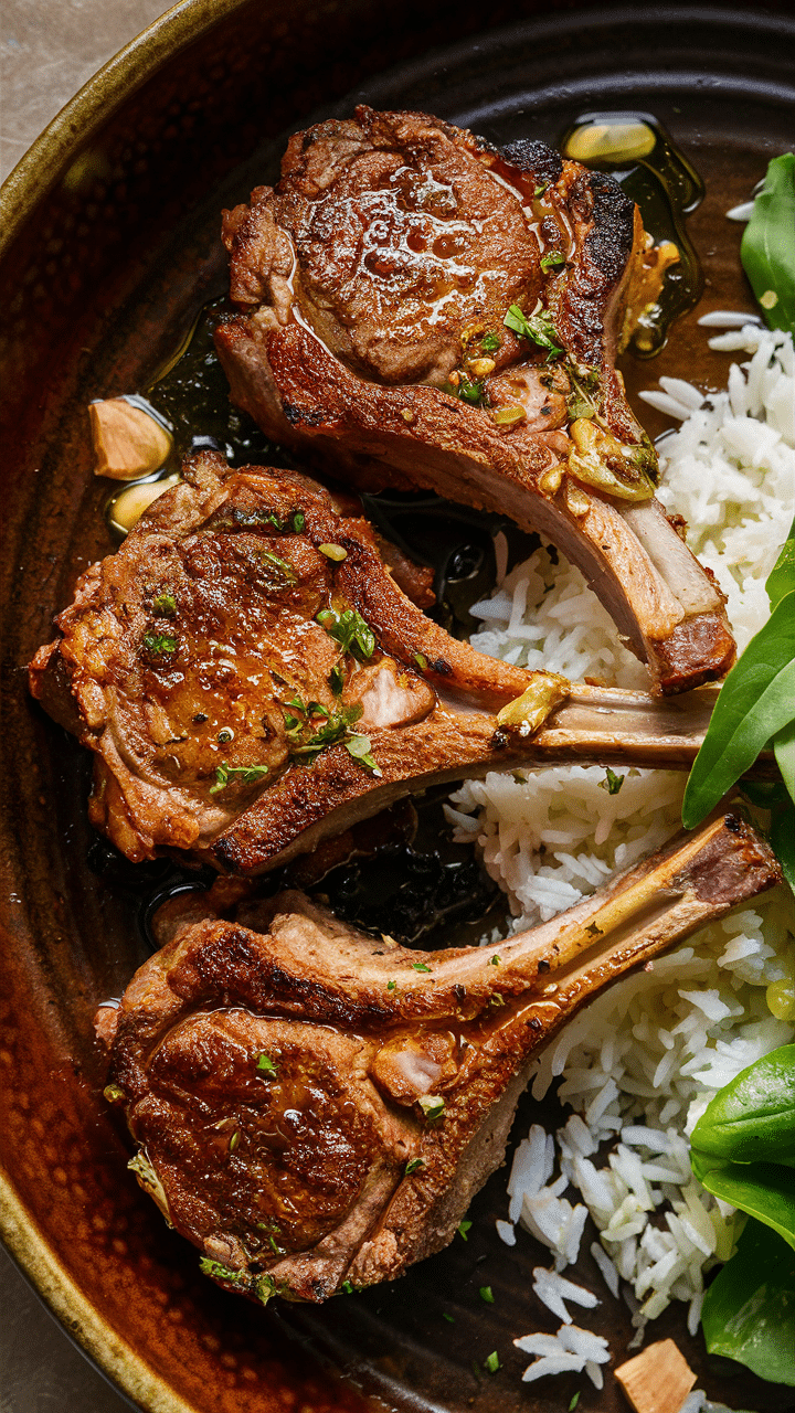 Côtelettes d'agneau grillées avec riz et légumes.