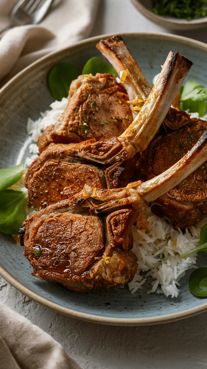 Côtelettes d'agneau grillées sur riz blanc.
