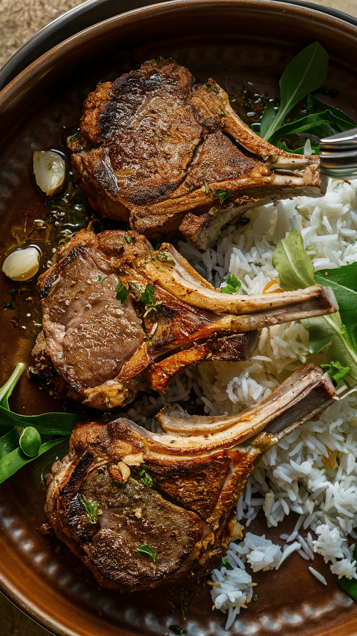 Côtelettes d'agneau grillées avec riz et épices.