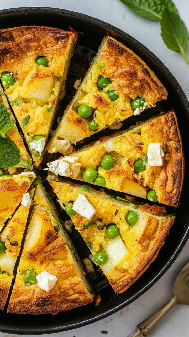 Part de frittata aux petits pois et fromage.
