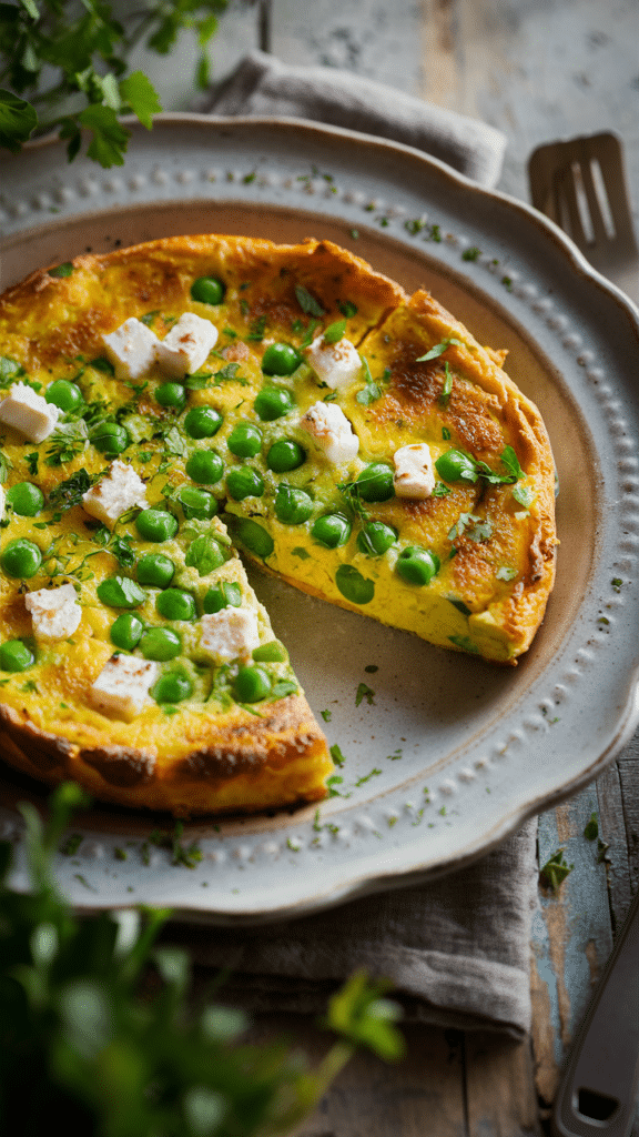 Omelette aux petits pois et feta sur assiette blanche.