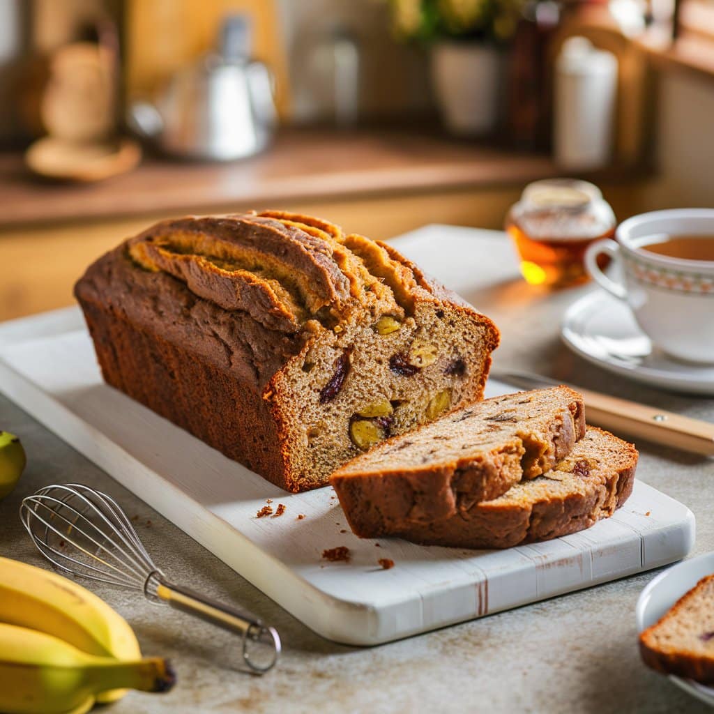 Pain aux bananes et noix sur table.