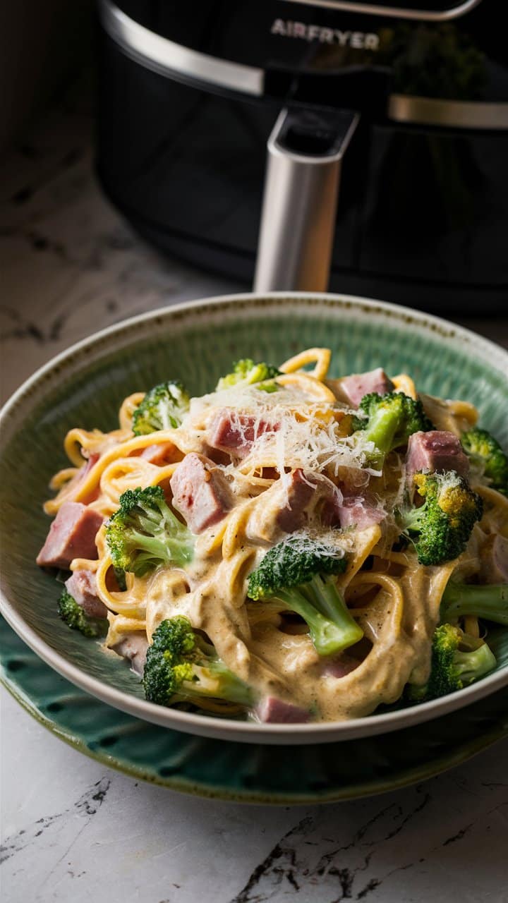 Pâtes crémeuses au jambon et brocoli.
