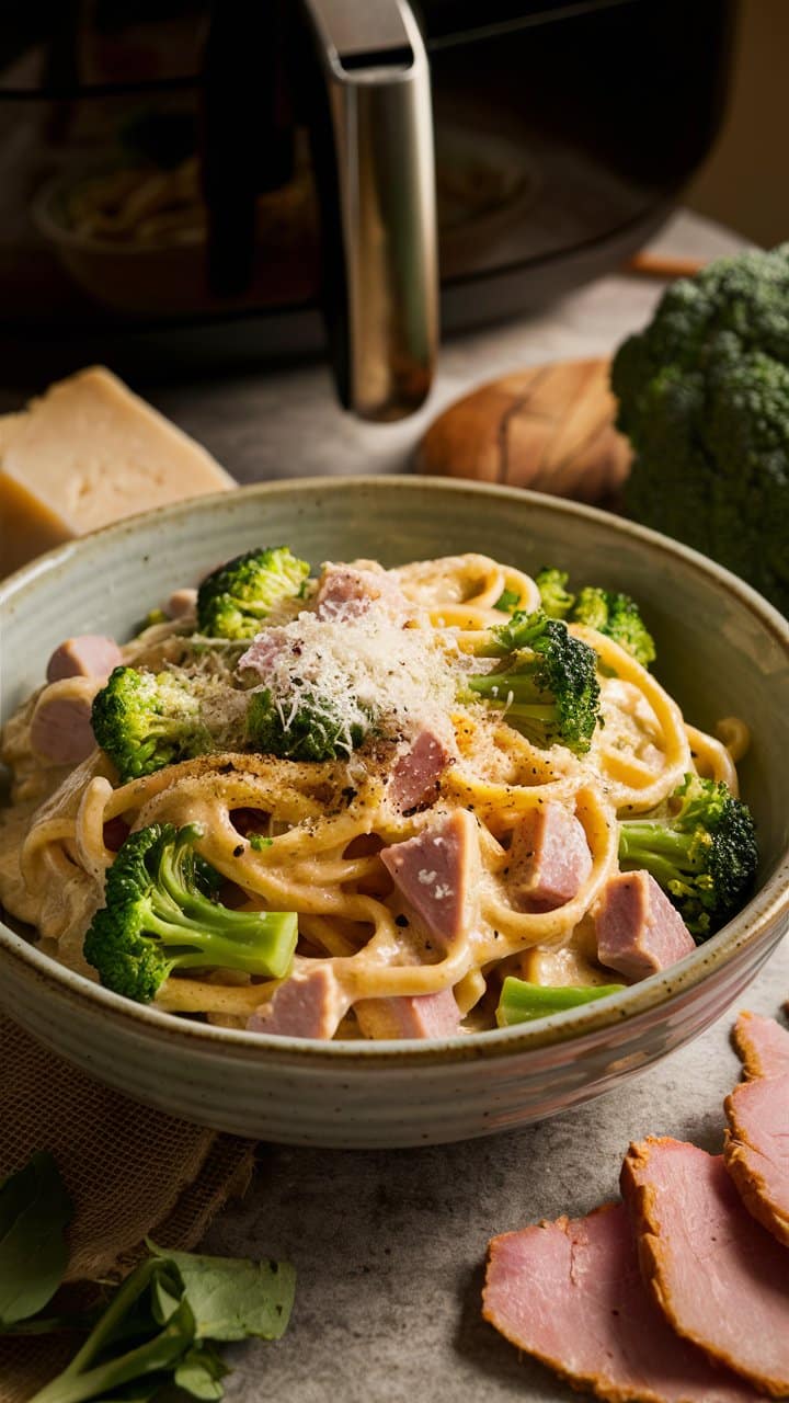 Pâtes crémeuses au jambon et brocoli.