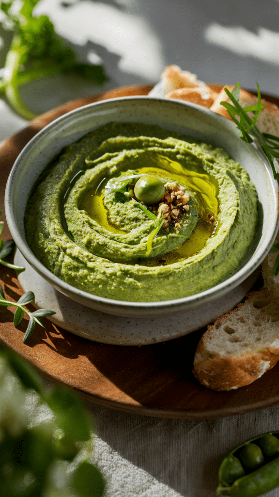 Houmous vert avec pain et garniture.