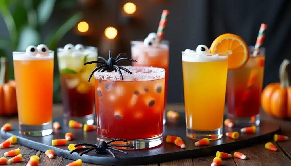 Boissons Halloween avec décorations araignées et bonbons maïs